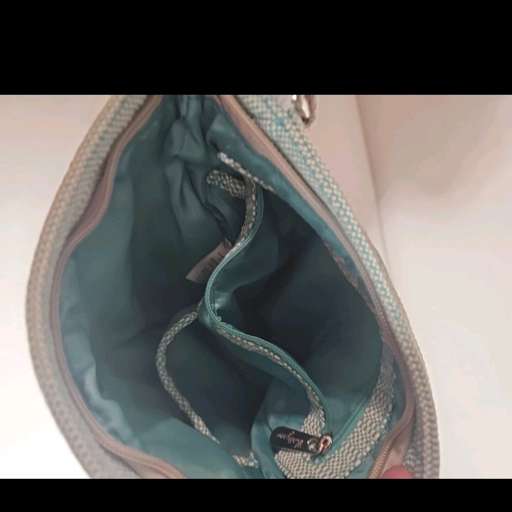 Thirty-One Crossbody Bag Medium Mint Green & Gray Monogram S VGUC 54" Strap - Picture 15 of 16